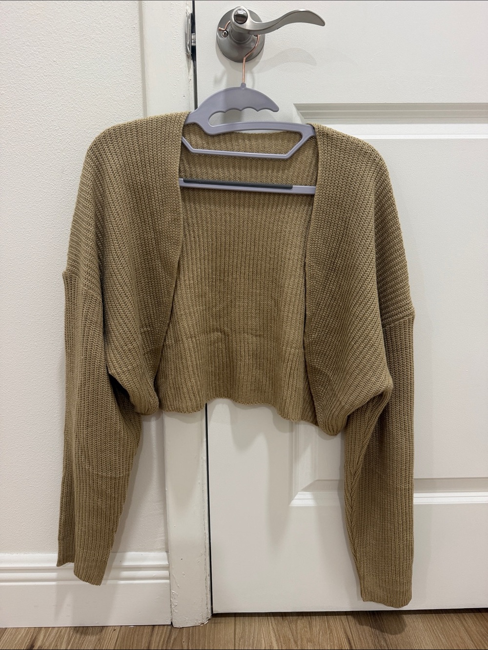 Cropped Open-Front Women's Cardigan Sweater - Tan